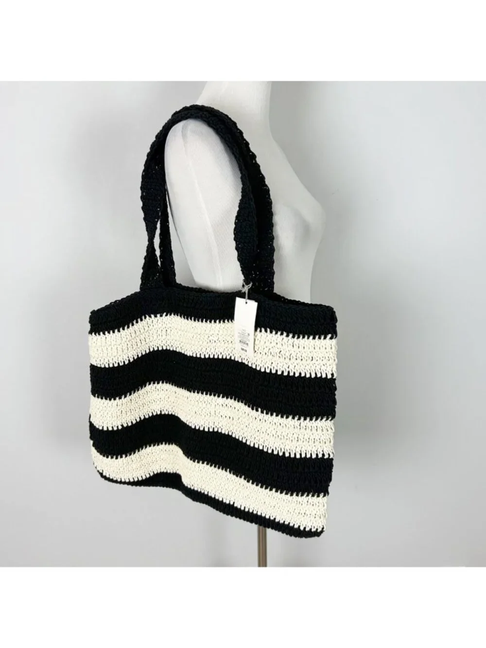 NEW A New Day Hand Crafted Woven Tote Bag Black & Ivory Crochet